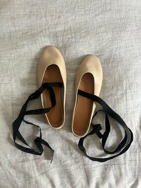 Neutral Cream Ballet Flats with Black Ribbon Tie